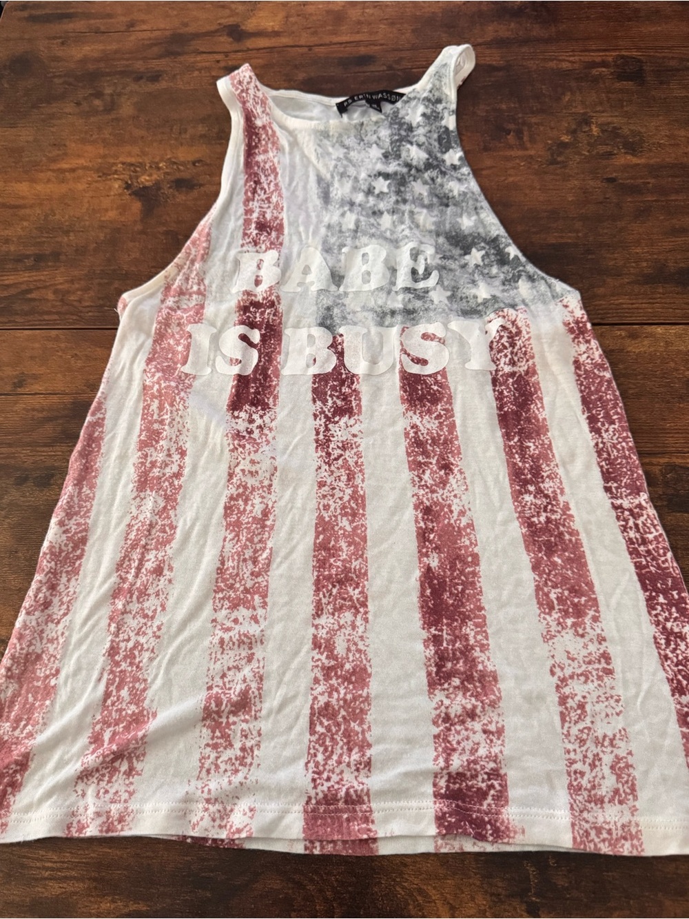 Macy's White, Red and Blue American Flag Muscle Tee - "Babe Is Busy"